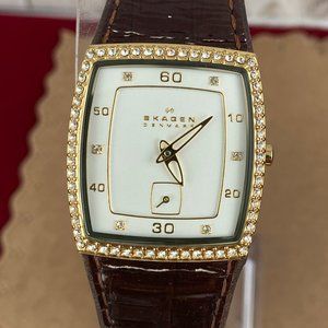 Vintage Skagen Gold Cushion Watch Crystals White Enamel Sub Dial Brown Strap